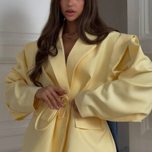 V-Neck Belted Shoulder Pad Blazer